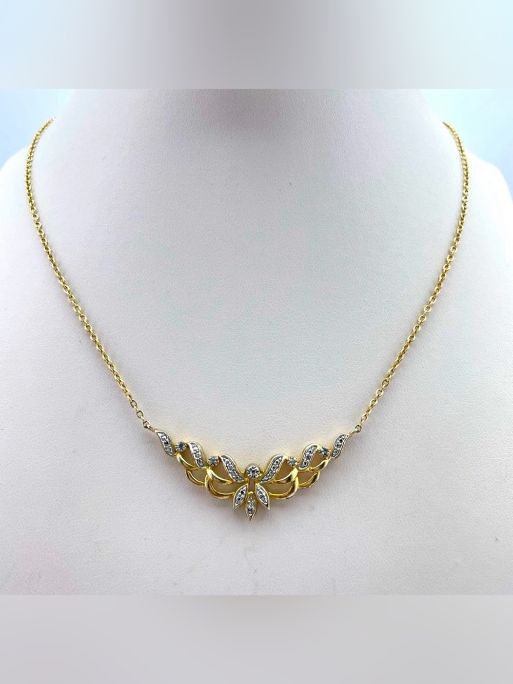 Gold Necklace with Real Diamond Accents • Elegant Floral Bib Design